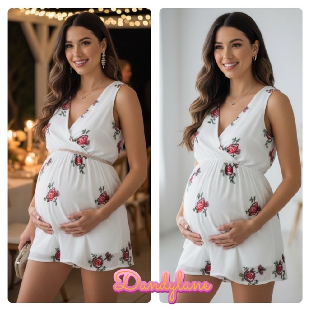 NWT Maternity Floral Romper Size Medium White Pink Rose Print Sleeveless